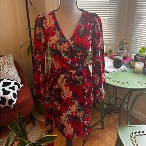 SHEIN Red and Black Floral Long Sleeve Dress